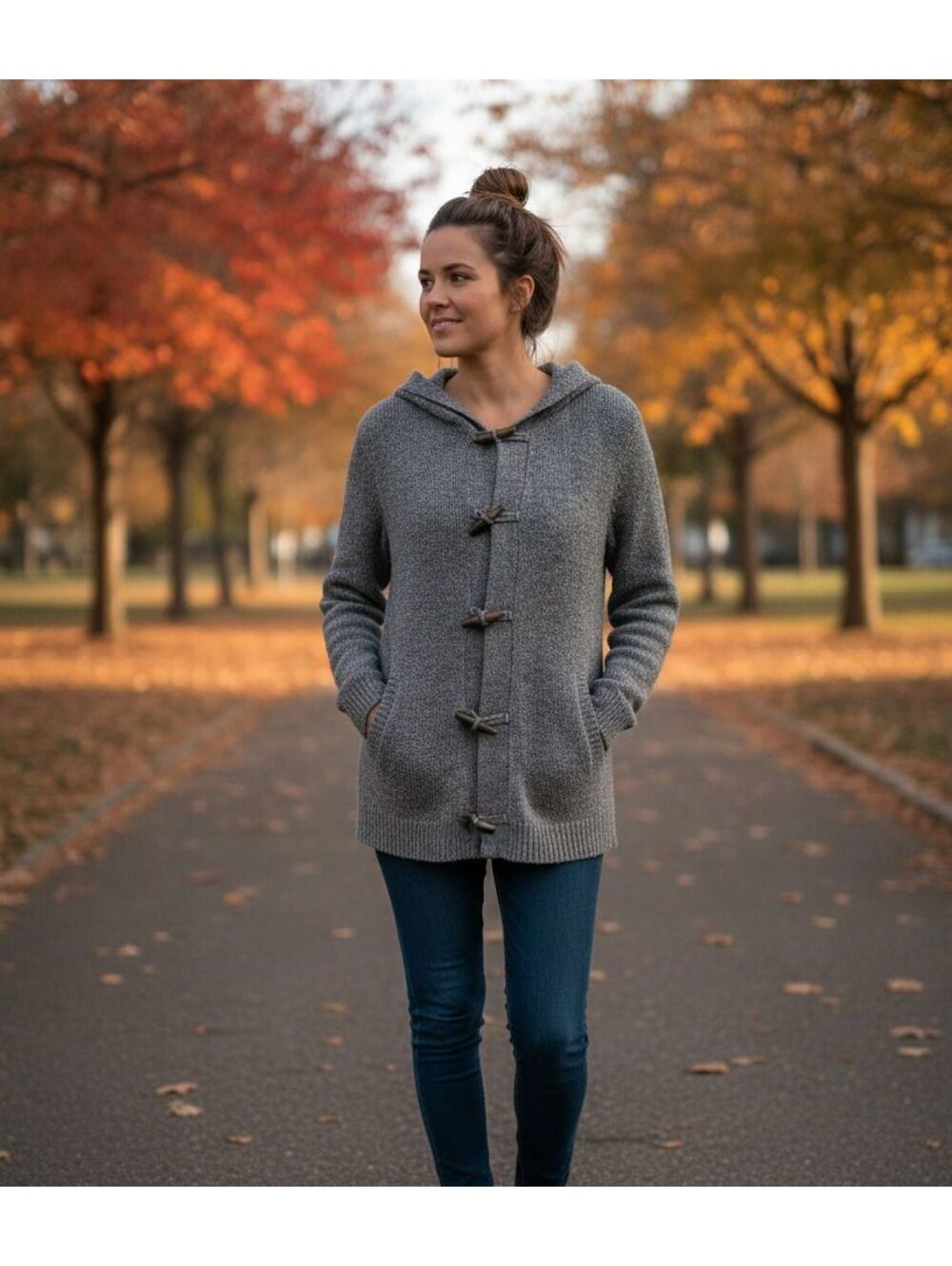 Hollister Women’s S Gray w Red Speckle Wood Toggle Hooded Sweater Cardigan Y2K